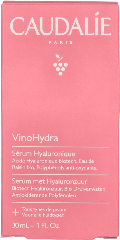 Roze Caudalie doosje met tekst VinoHydra Serum met Hyaluronzuur 30 ml.