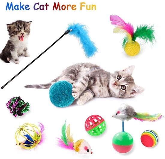 JJW 3-delig interactief kattenspeelgoed met veren en belletjes, kattenspeelgoedset voor kittens en katten, verenhalsband voor katten om zich te vermaken