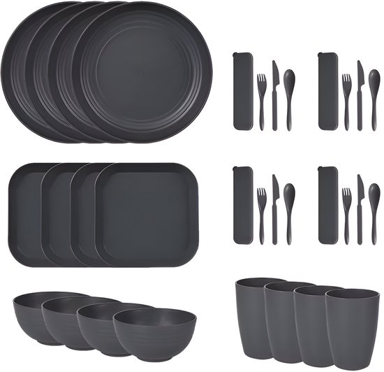 Hoge Kwaliteit Camping Servies 24-delig – Compleet Campingservies met Bestek, Borden & Glazen | Breukvast, Lichtgewicht & Herbruikbaar – Ideaal voor Outdoor & Kamperen