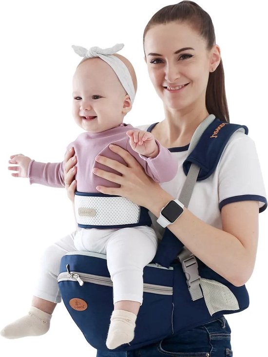 Baby Heupdrager met Extra Band en Nek Band – Donkerblauw – Heupsteun voor Baby en Peuter – Draagtas met Veiligheidsband tegen Rugklachten – Kind Hip Seat Carrier
