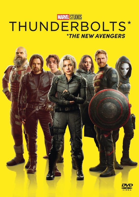 Marvel Studios' Thunderbolts *The New Avengers* DVD-cover met de cast in karakter op gele achtergrond.