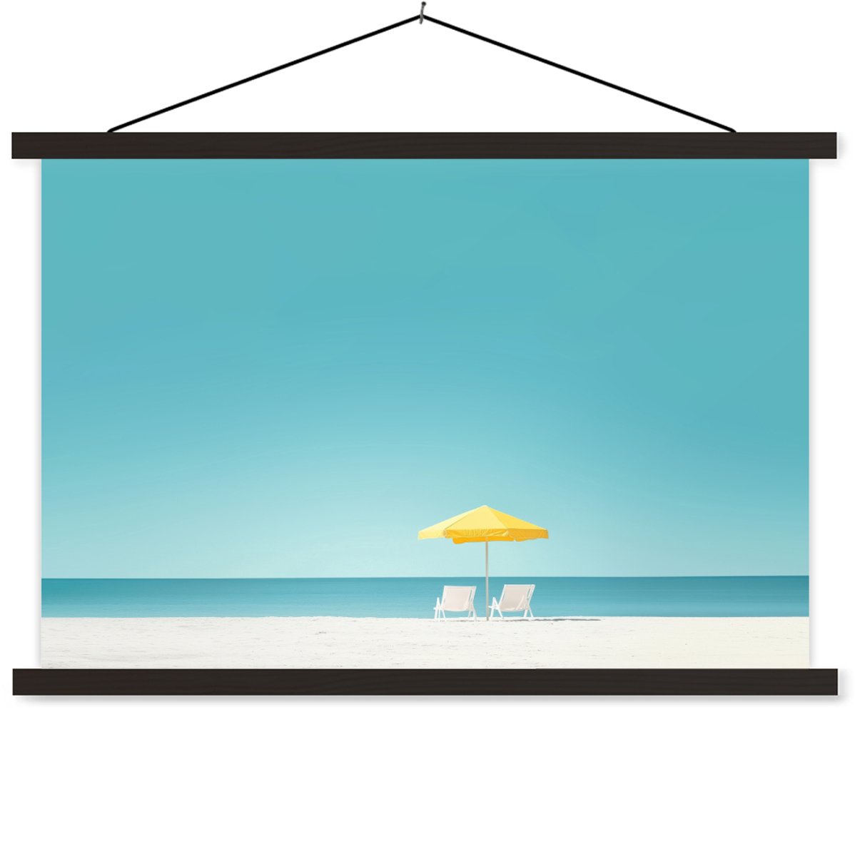 Posterhanger incl. Poster 90x60 cm - Schoolplaat - Strand - Blauwe lucht - Geel - Parasol