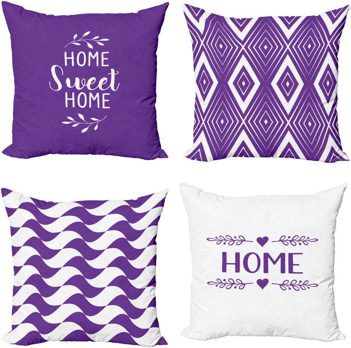 New Bed Paars en Wit Thuis Zin en Woord Lettering met Rhombus Ruit Kussenhoes met sierkussen, 4-pack, modern accent, dubbelzijdig digitaal bedrukt, 50 cm x 50 cm Violet