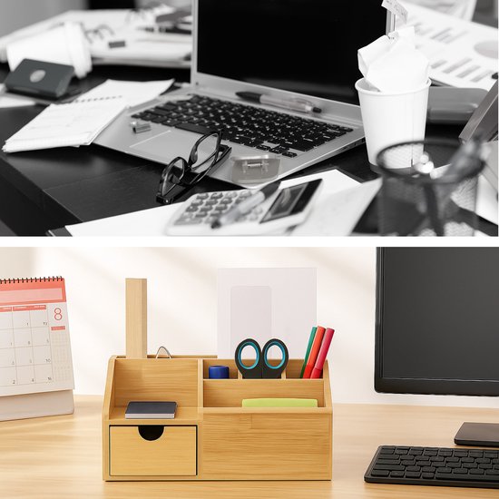 organiseur de bureau - avec tiroir - 6 compartiments - bambou