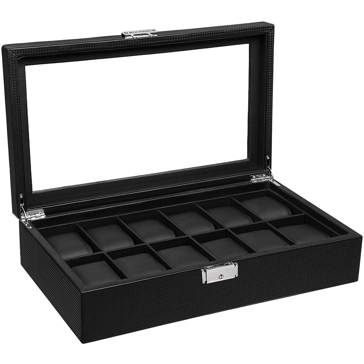 Watch Box - Horlogeopberger - 12 Vakken - Fluweel - PU - Metalen gesp - Zwart - 36,2 X 9 X 21,3 cm