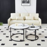 Set de tables basses de Luxe – Pierre Wit brillante et Pieds noirs – Ø 70 et Ø 50 cm – Tables d'appoint – Robustes et élégantes