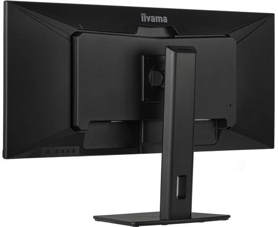 Achterkant van een zwarte iiyama monitor met een centrale standaard en diverse aansluitingen.