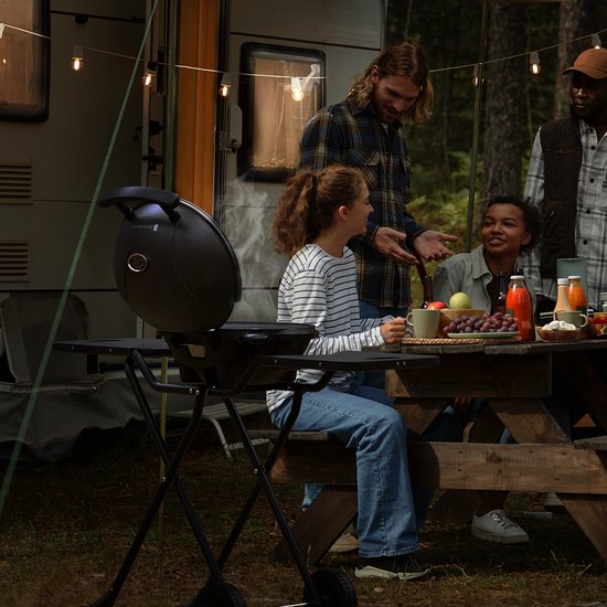 KitchenBrothers Elektrische BBQ - Opvouwbaar - Barbecue met Wielen - Anti-aanbaklaag - Zijtafels - tot 250°C - 2400W - Zwart