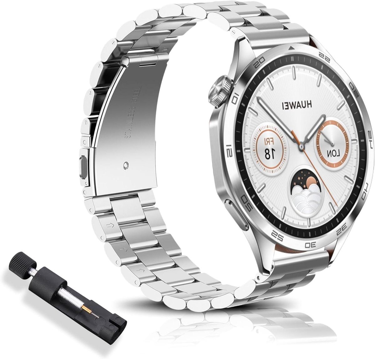 Allecto Plus - Horlogebandje van roestvrij staal voor Huawei Watch GT 5-Pro 46 mm en Ultimate armband 22 mm - zilver - duurzaam en elegant ontwerp.