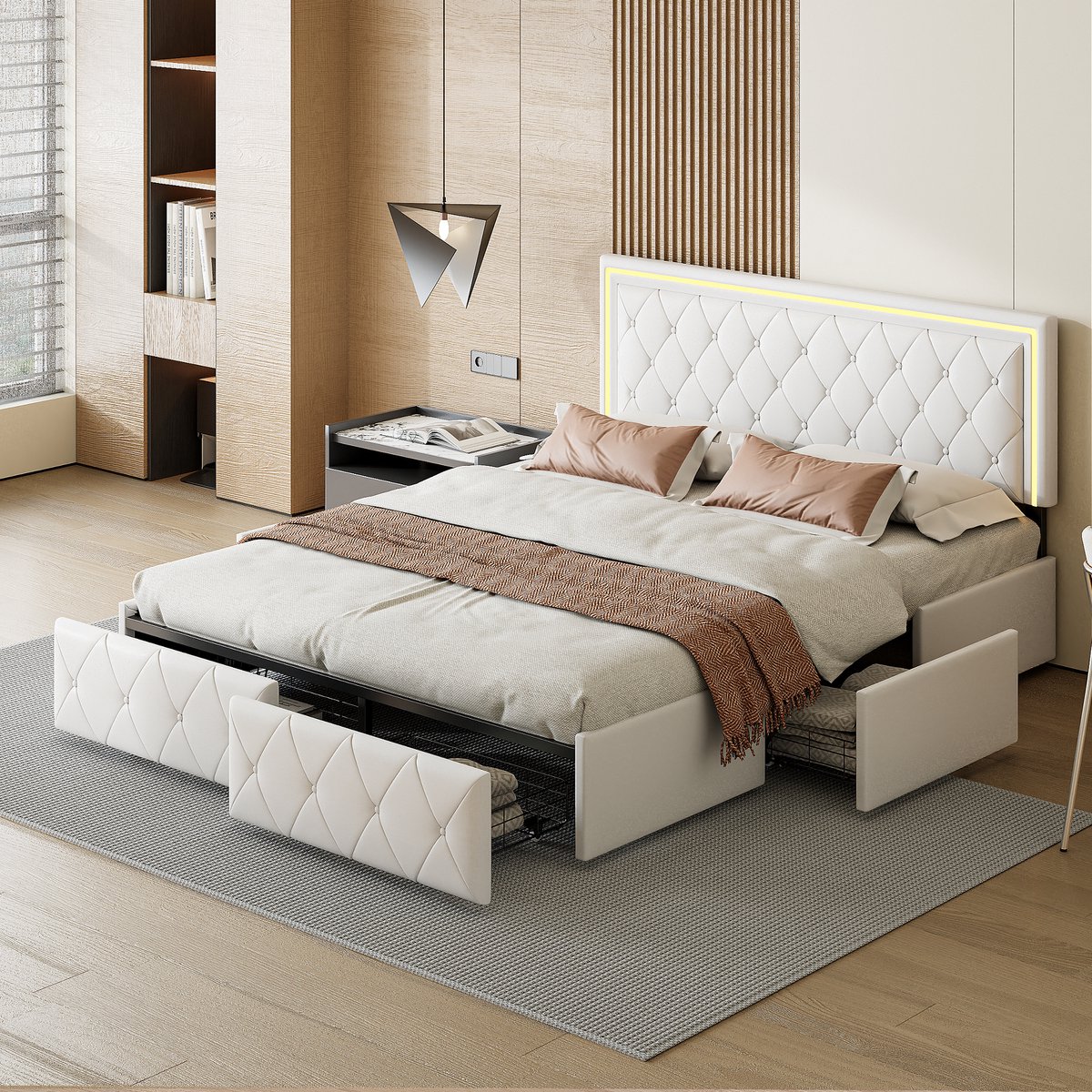 Bed 140x200 cm met LED-hoofdbord - tweepersoons tienerbed met 4 opbergladen, bedframe met lattenbodem, zonder matras, wit PU