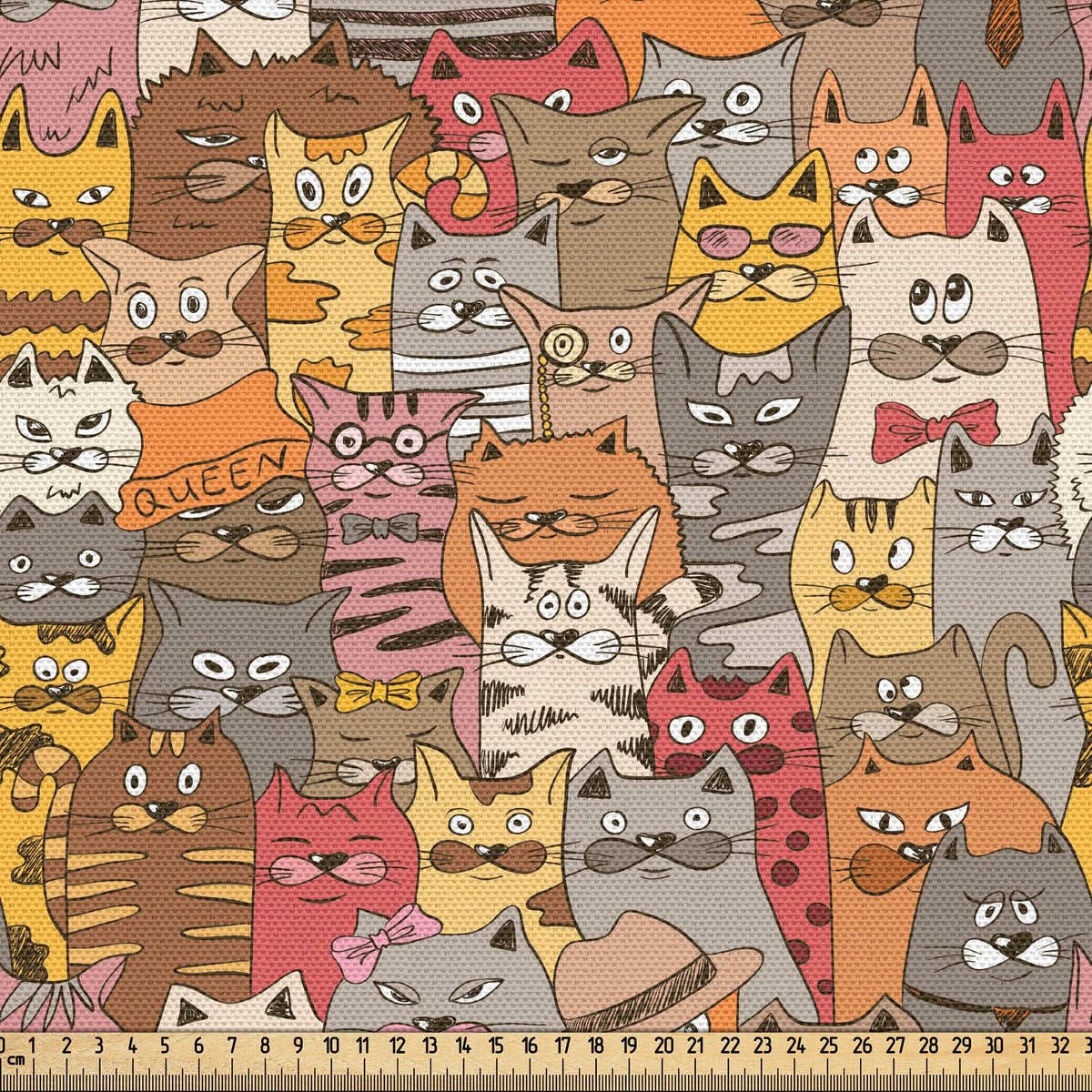 ABAKUHAUS Kattenstof per meter, psychedelische stripfiguren, hoogwaardige stoffen bekleding voor woonaccessoires, 10 m (148 x 1000 cm), bruingeel