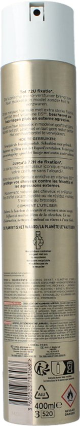 Achterkant van een gouden spuitbus met productinformatie en ingrediënten in het Nederlands en Frans. Tekst: L'ORÉAL PARIS ELNETT.
