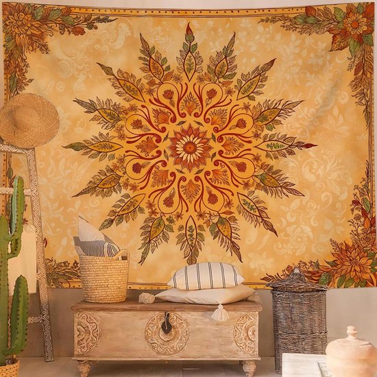 Tapisserie murale Boho Fleurs Vintage indienne pour chambre à coucher, tapisserie Fleurs Oranje et jaune, Decor Décoration murale pour dortoir, salon, 150 x 130 cm