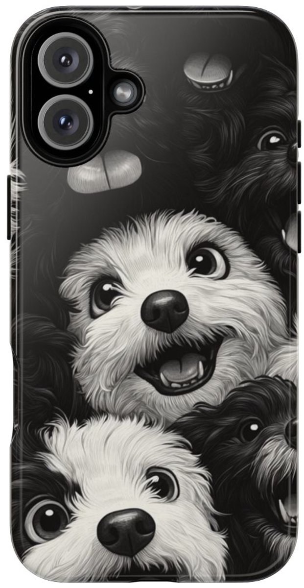 Zwart-Wit Vrolijke Hondenkoppen Patroon – Telefoonhoesje Geschikt voor iPhone 16 Plus