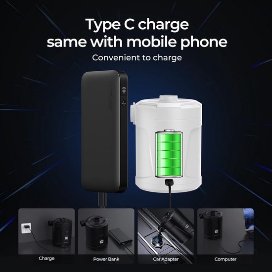 Luchtpomp-Luchtcompressor - Elektrische luchtpomp - Zwembadpomp-Draagbaar- Met LED-batterij-indicator-5200 mAh - 40 0 l/min-Oplaadbare accu - Met 4 spuitmonden - Snelpomp voor boot/luchtbed - wit van Merkloos — afbeelding 4