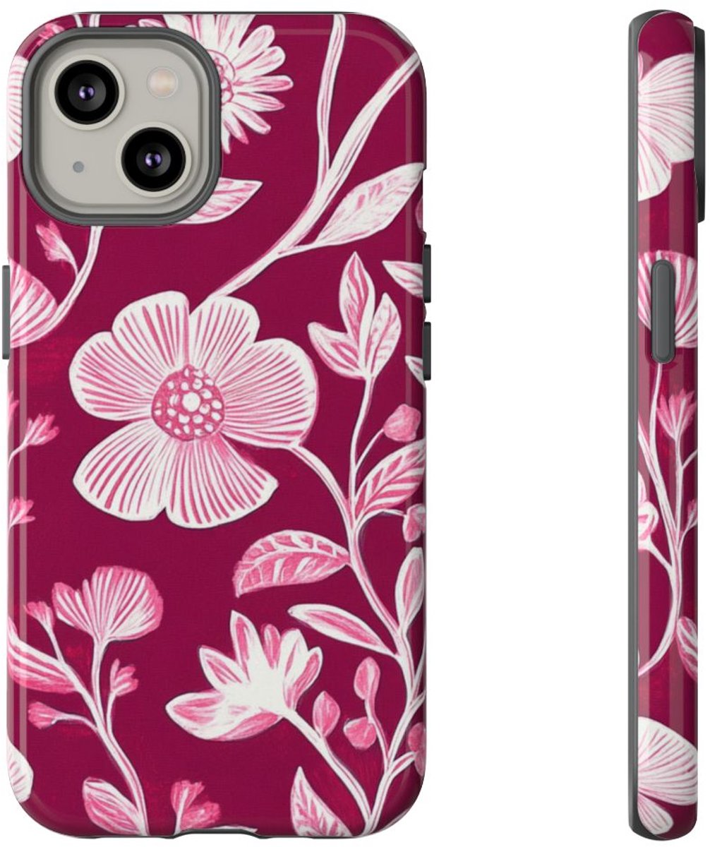 Roze en Witte Bloemenprint – Telefoonhoesje Geschikt voor iPhone 14