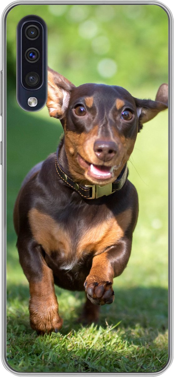 Telefoonhoesje Geschikt voor Samsung Galaxy A50 hoesje - Een sprintende Teckel - Siliconen Telefoonhoesje Telefoonhoesje
