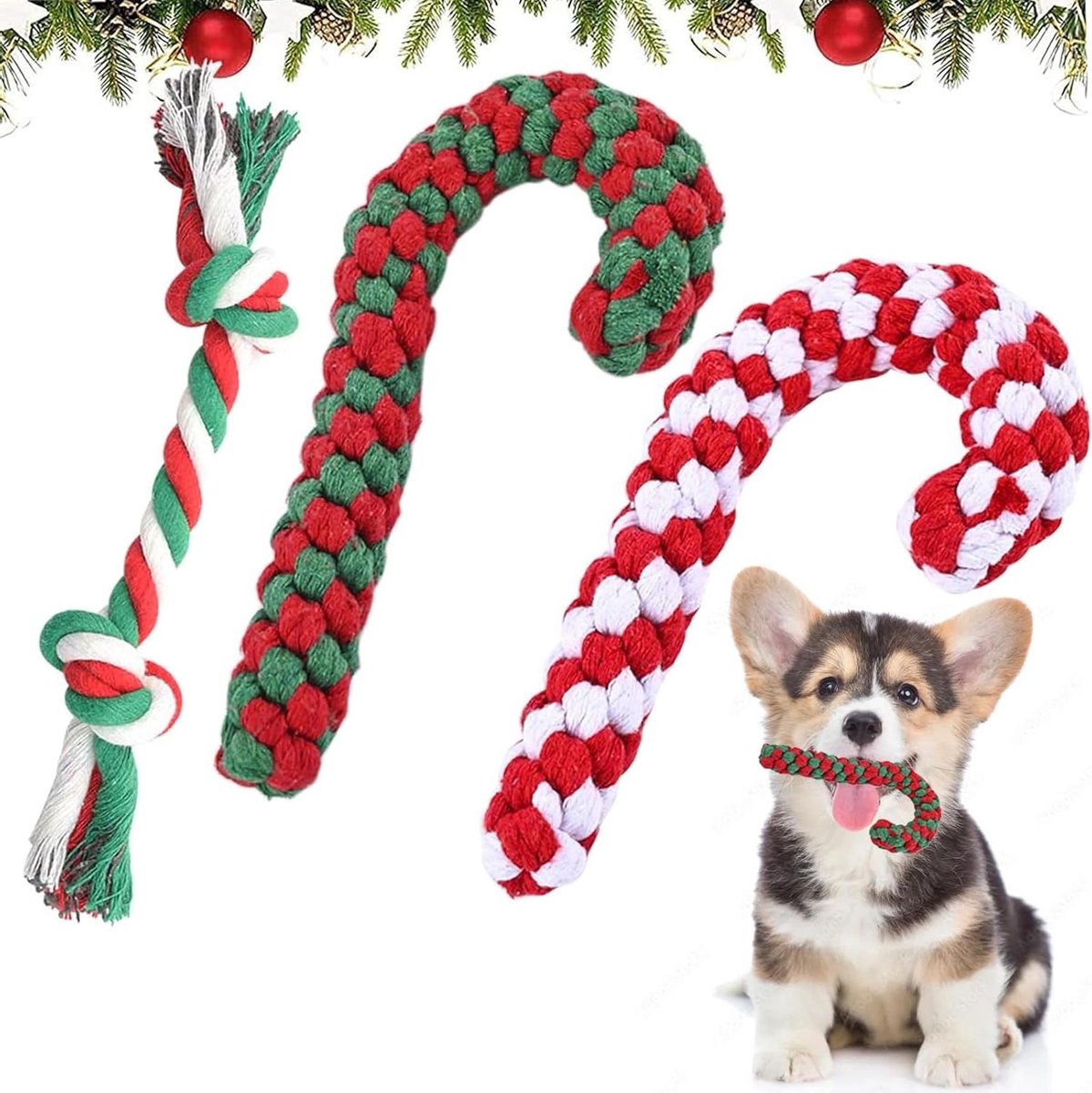 Allecto Plus – Hondenspeelgoed set met 3 stuks kerstsnoepstokkoord – Kauwspeelgoed voor honden – Kerstmis thema – Geschikt voor hondentanden – Interactief hondenspeelgoed.
