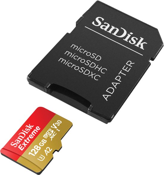 SanDisk microSD-kaart met adapter. De kaart is rood en goudkleurig met "SanDisk Extreme" erop.