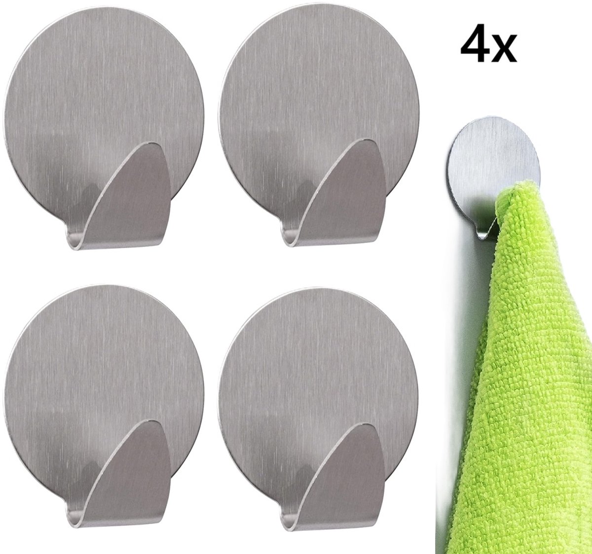 Zelfklevende Handdoekhouder Haakjes Set Van 4 – Ronde RVS Wandhaken | Ophangen zonder boren – Extra Sterk & Waterbestendig!