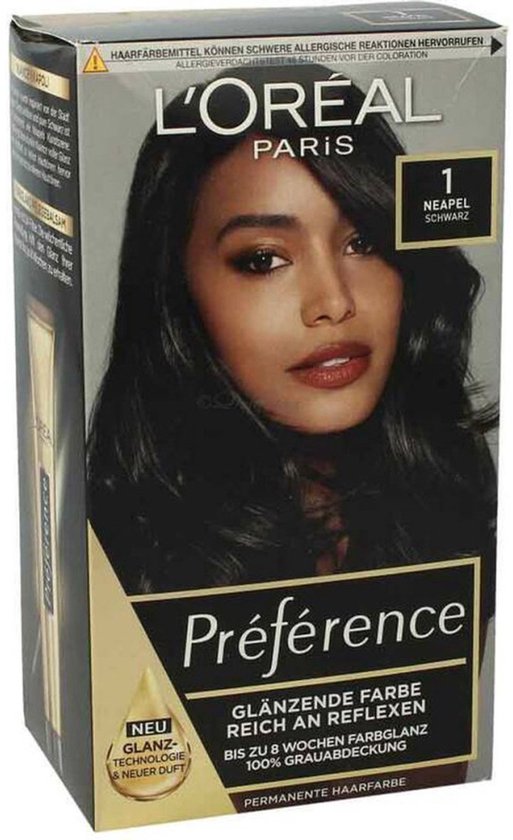 Doos L'Oréal Paris Préférence haarkleuring, model met glanzend zwart haar, kleurnummer 1 NEAPEL SCHWARZ.