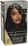 Doos L'Oréal Paris Préférence haarkleuring, model met glanzend zwart haar, kleurnummer 1 NEAPEL SCHWARZ.