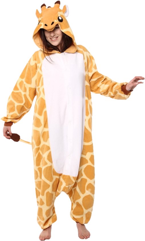 KIMU Onesie Giraf Pak - Maat S-M - Girafpak Kostuum Oranje Geel Giraffe 158 164 - Jumpsuit Zacht Huispak Dierenpak Pyjama Dames Heren Carnaval Carnavalspak