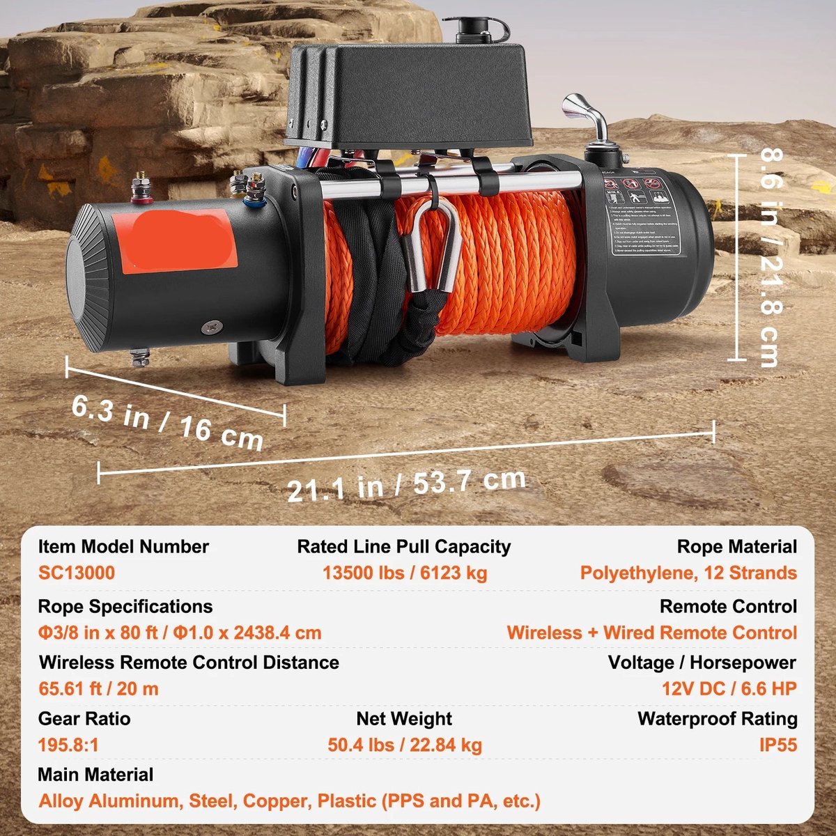 Elektrische Lier - Takel - Winch - Touwtakel – Draadloze Bediening – IP55 Waterdicht – Afstandbediening - Geschikt voor Off-Road, SUV & Jeep - 13500lbs Trekkracht – 3/8in 80ft Synthetisch Touw