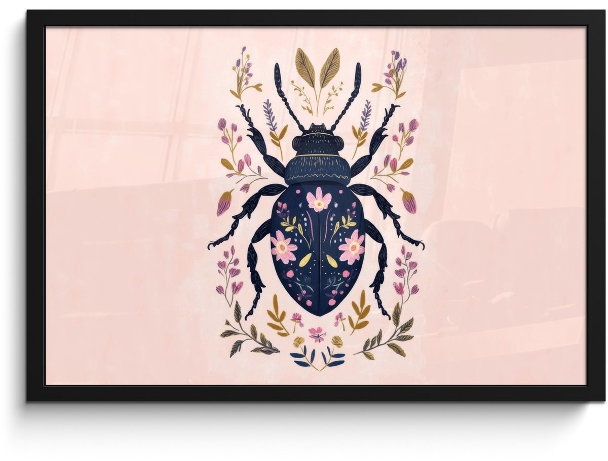 FrameYourWall Poster in lijst - Fotolijst 60x40 cm - Posters - Donkerblauw - Kever - Bloemtakken - Sierlijk - Posterlijst zwart - Decoratie - Wanddecoratie woonkamer - Muurdecoratie slaapkamer Kever - Bloemen