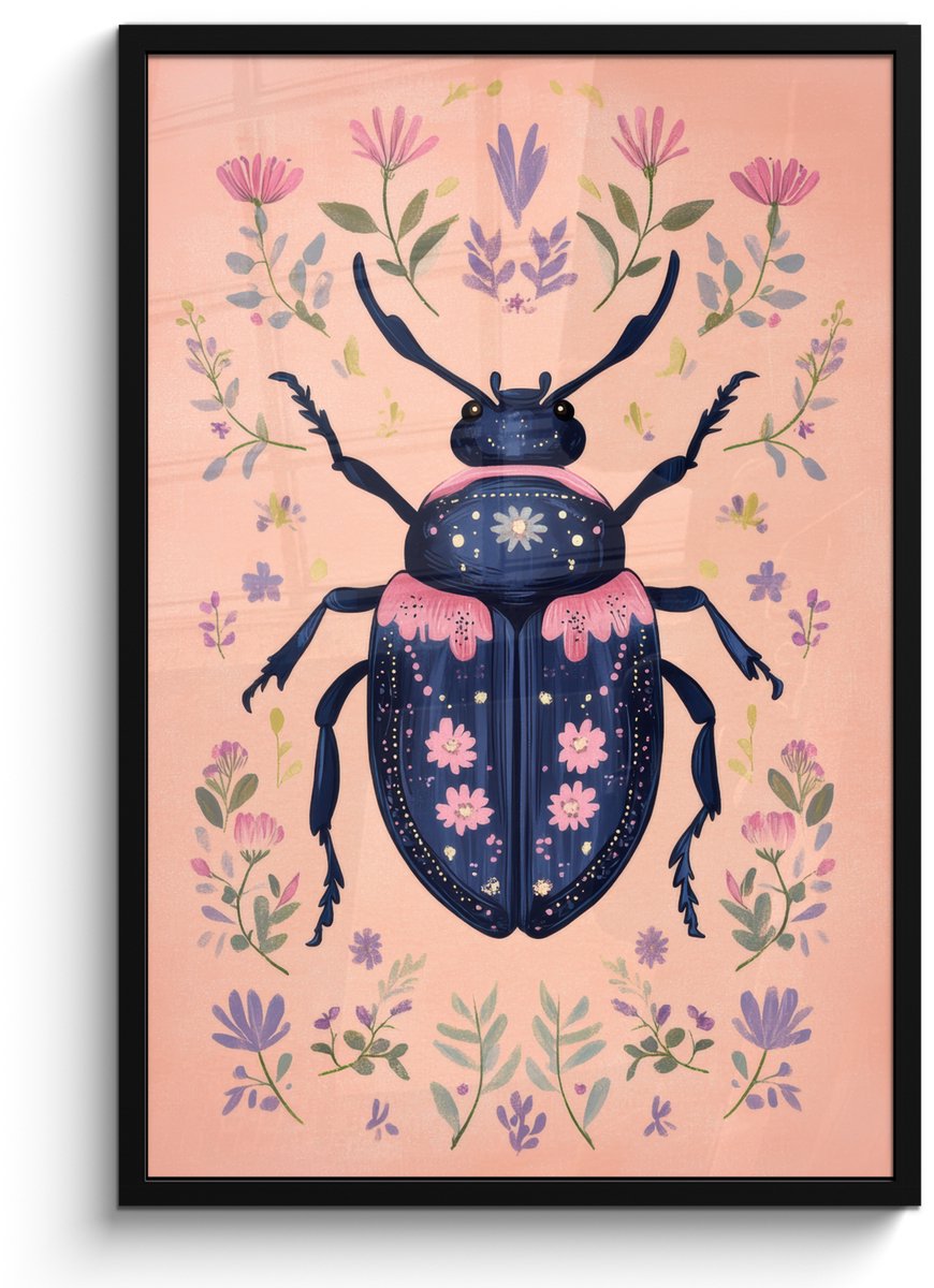 FrameYourWall Poster in lijst - Fotolijst 60x90 cm - Posters - Kever - Donkerblauw - Bloemen - Sierlijk - Posterlijst zwart - Decoratie - Wanddecoratie woonkamer - Muurdecoratie slaapkamer Bloemen - Kever