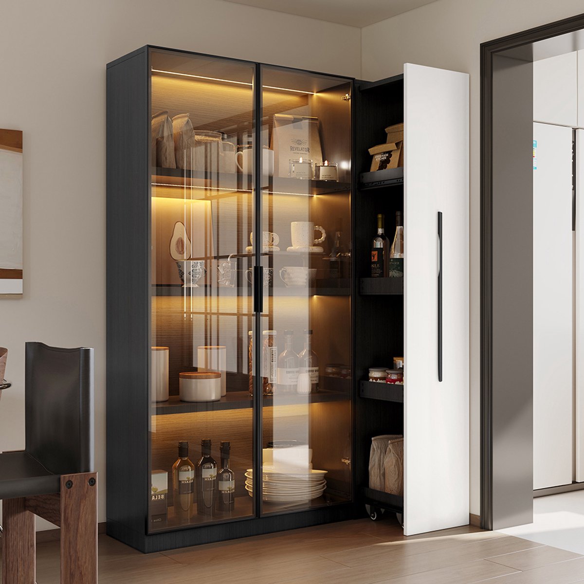 Pugsdrly Multifunctionele kast 110,5 × 35 × 160 cm - Vitrinekast met glazen deur en ledver