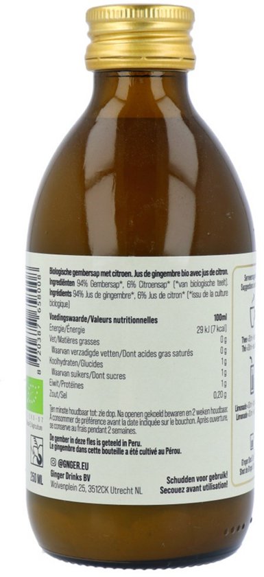 Achterkant van een bruine fles G'nger biologisch gembersap, 94% gember, 6% citroen, zonder toegevoegde suiker, 100 ml, met voedingswaarde en serveersuggesties.