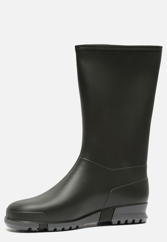 Zwarte rubberen regenlaars van opzij, zonder logo, met grijze profielzool.