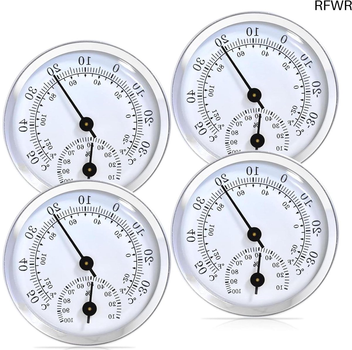 RFWR® Thermo-hygrometer set van 4 stuks, 58 mm precisie, analoge thermometer voor binnengebruik, temperatuur en luchtvochtigheid meter