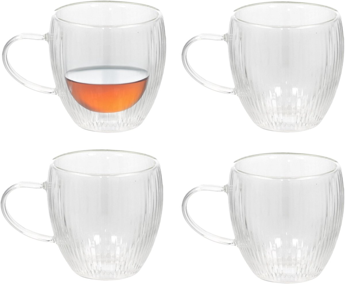Gerimport Theeglazen Stripes - 4x - dubbelwandig - borosilicaatglas - 250 ml - H9 cm - koffieglas