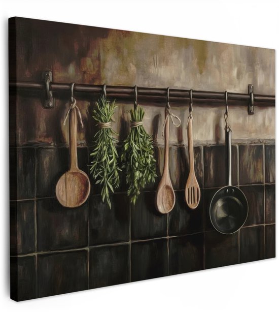 Peinture sur toile 40x30 cm - Décoration murale exclusive Ustensiles de cuisine - Rustique - carrelages - Herbes - Décoration murale murale salon - Décoration chambre - Accessoires chambre - Peintures sur toile