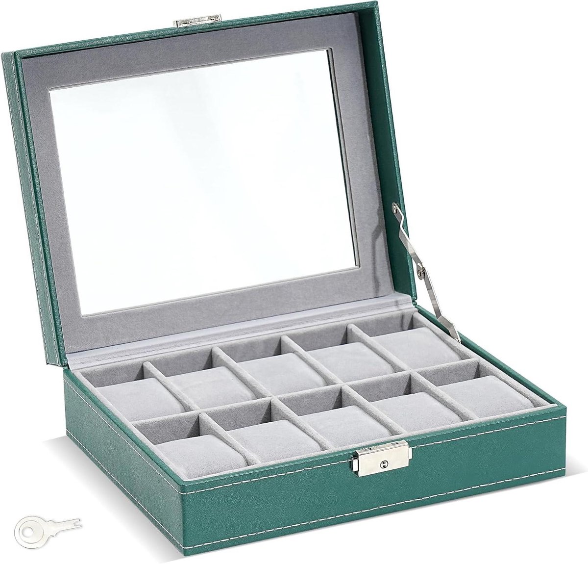 Allecto Plus - Houten Horlogebox voor 10 horloges met glazen display - Houten Organiser met kussens - Stijlvolle Opbergdoos met verwijderbare kussentjes