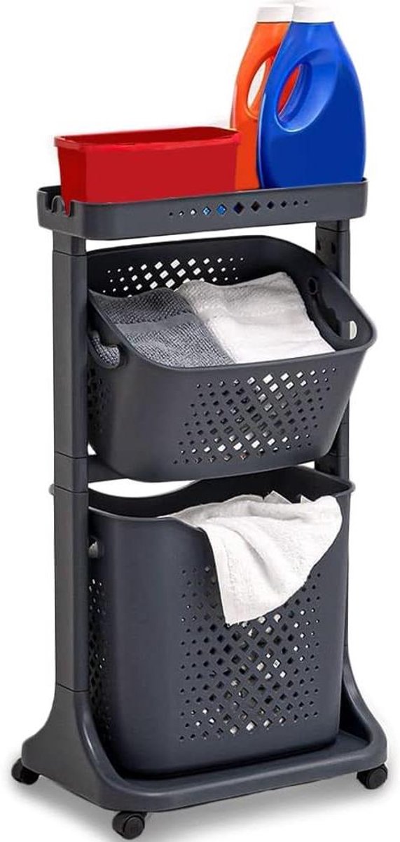 Goedkoopste Laundry Basket with Wheels 2 Shelves Space Saving Complete with Removable Basketball Basket Top Storage Compartment (Grey