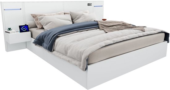 Tweepersoonsbed gestoffeerd - 180 x 200 cm - met LED's hoofdbord met spotjes USB - linnen