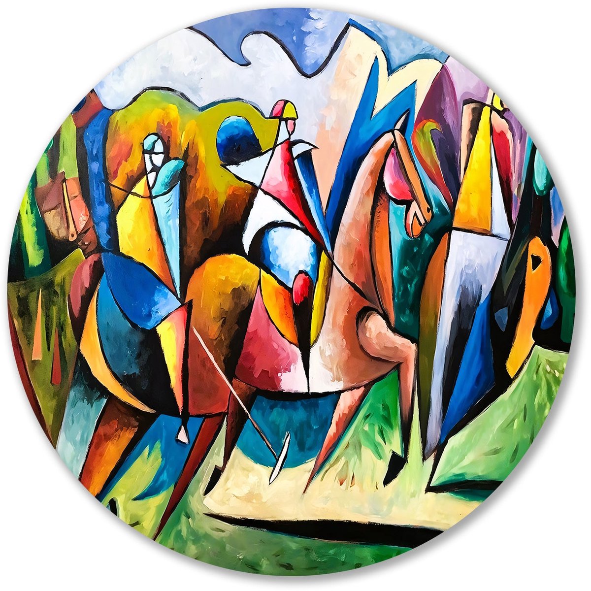 Abstracte ruiters op kleurrijke paarden - Polo rond schilderij - Wandschalen paarden - Kub