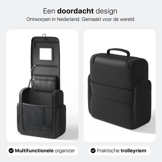 ONYX Toilettas Zwart - Make Up Tasje - Cosmetica Organizer - Interne Organizers - Beautycase & Make-Up Spiegel - Toiletzak Hangbaar met Haak - Dames en Heren - Maat: L