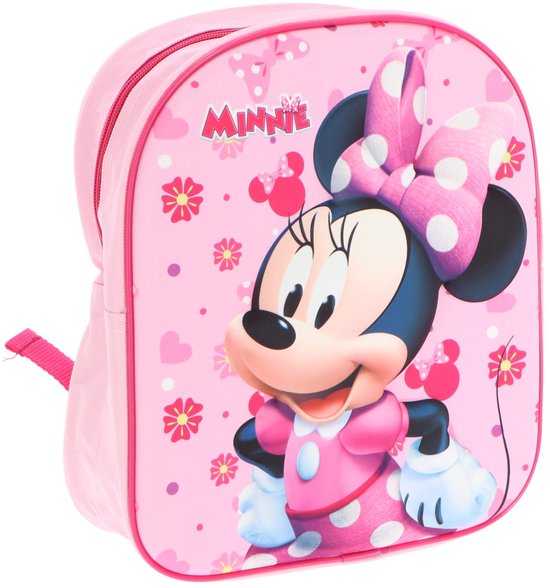 Schuine voorzijde van roze rugzak met Minnie Mouse, strik en bloemenprint.