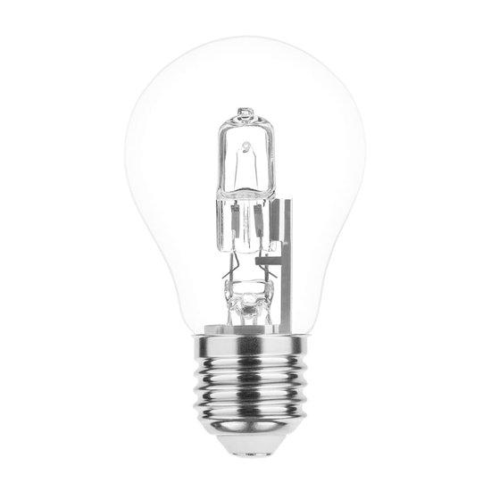 Transparante halogeenlamp met E27 schroeffitting, gloeidraad zichtbaar.