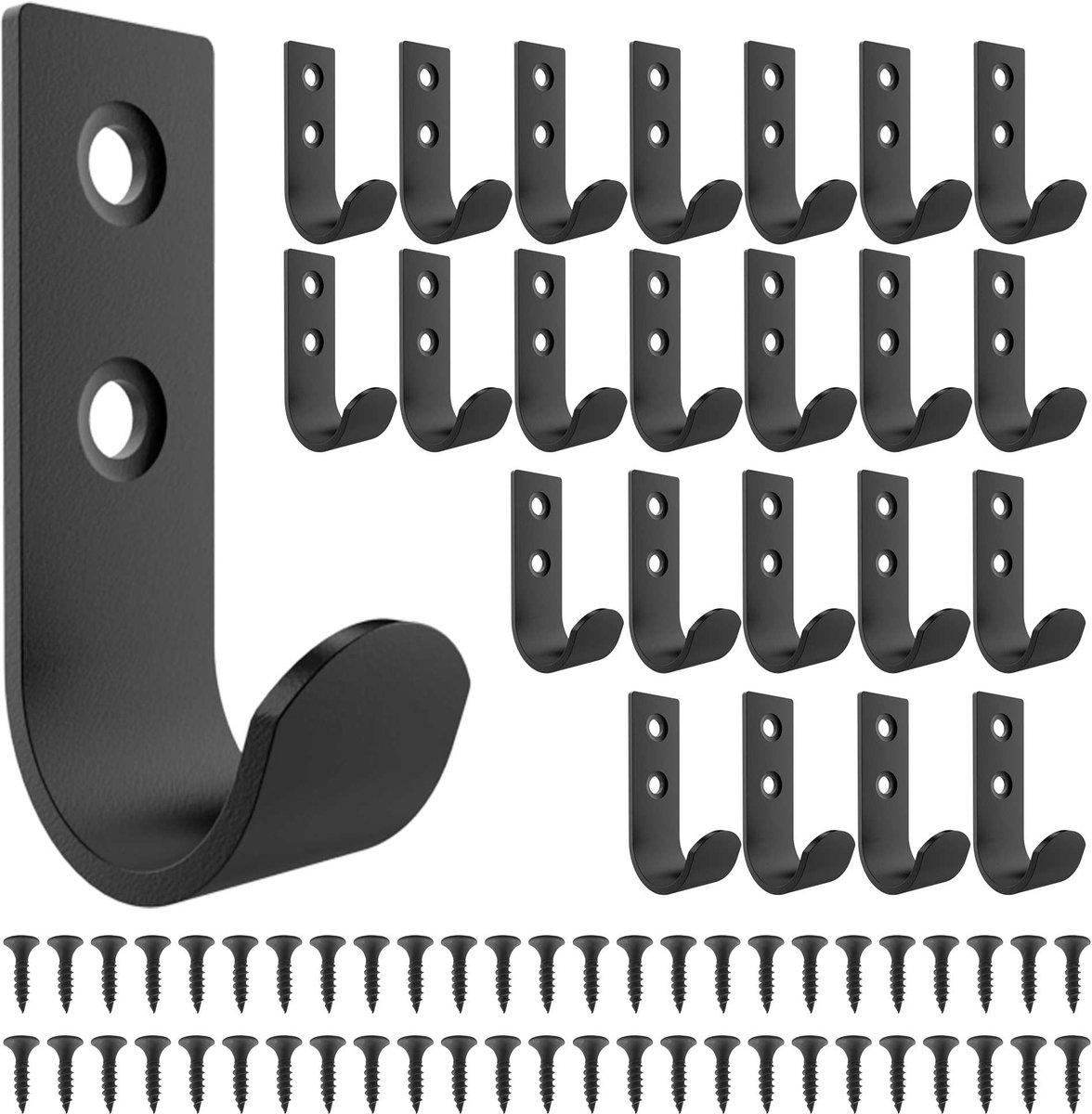 Sondeng 24 stuks zwarte kapstokhaken met 50 schroeven, kapstokhaken voor wandmontage, RVS vintage haken voor akoestische panelen, houten wand, slaapkamer, woonkamer, badkamer