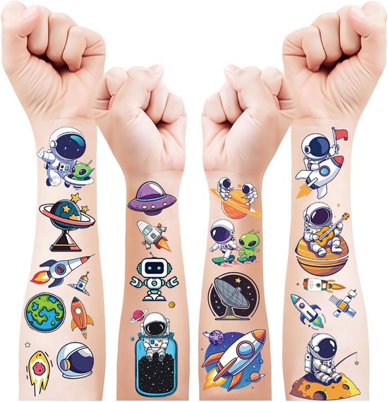 10 Stuks Ruimte Tattoos voor Kinderen - Glow-in-the-Dark Tattoo met Astronaut Thema - Huidvriendelijk - Ideaal voor Kinderfeestjes - Traktaties - Speelgoed - Cadeau Idee