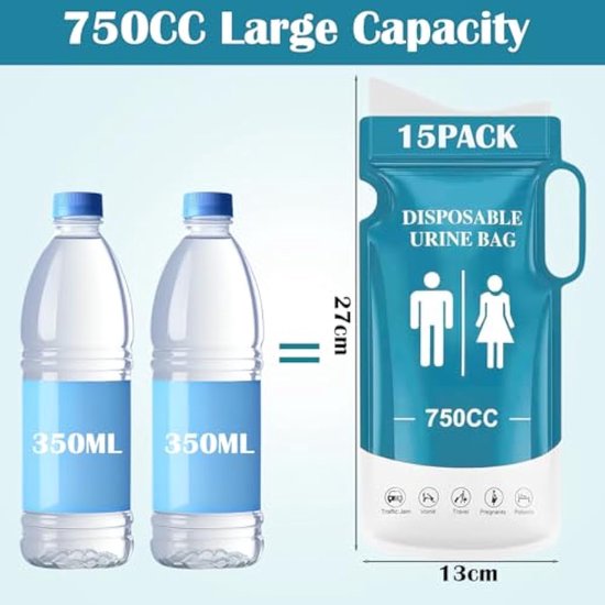 KOMABLEN Urinezakjes voor onderweg, 15 stuks, 750 ml, draagbare roze zak met gel, urinella, wegwerp met handvat, voor vrouwen, mannen, kinderen, reistoilet, noodgevallen voor camping, toiletten