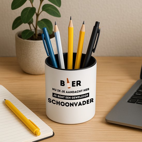 Hacebo® - bier, nu ik je aandacht heb je bent een geweldige schoonvader Pennenbakje - schoonvader - pennenhouder - vader cadeautjes - vaderdag - verjaardagscadeau - verjaardag - cadeau - geschenk - kado - gift - Pennenbakje zwart