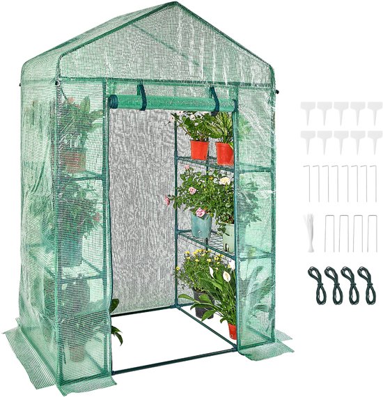 Groene inloopkas met planken vol met planten en accessoires.