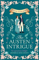 Boekomslag met Julia Golding en de titel 'The Austen Intrigue'. Centraal staan een man en vrouw in klederdracht uit de Regency-periode.