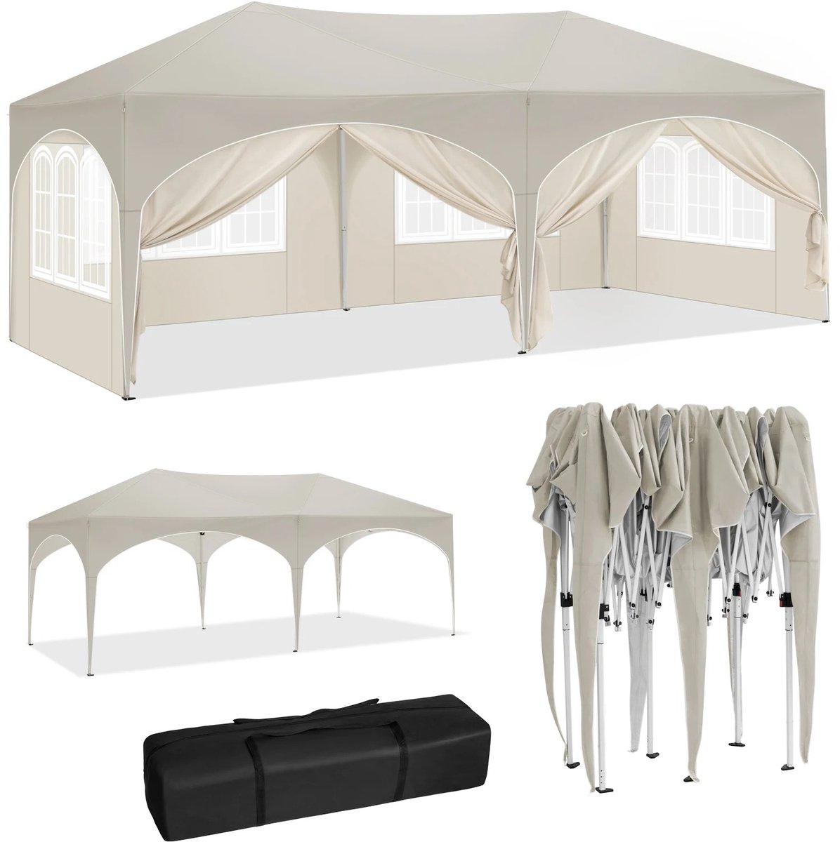 Paviljoen - Partytent - Opvouwbare feesttent 3x6 meter - Waterdicht - UV-bestendig - Met zijwanden en ramen - Draagtas inbegrepen - Tuinpaviljoen met verstelbare hoogte - Voor buitengebruik - Camping - Markt - Evenementen - Wit - 210D Oxford doek